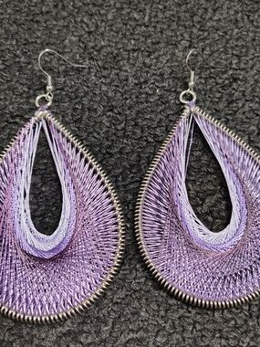 Purple Thread Wrapped Tear Drop Dangle Boho Bohemian Dangle Earrings 2.5 in